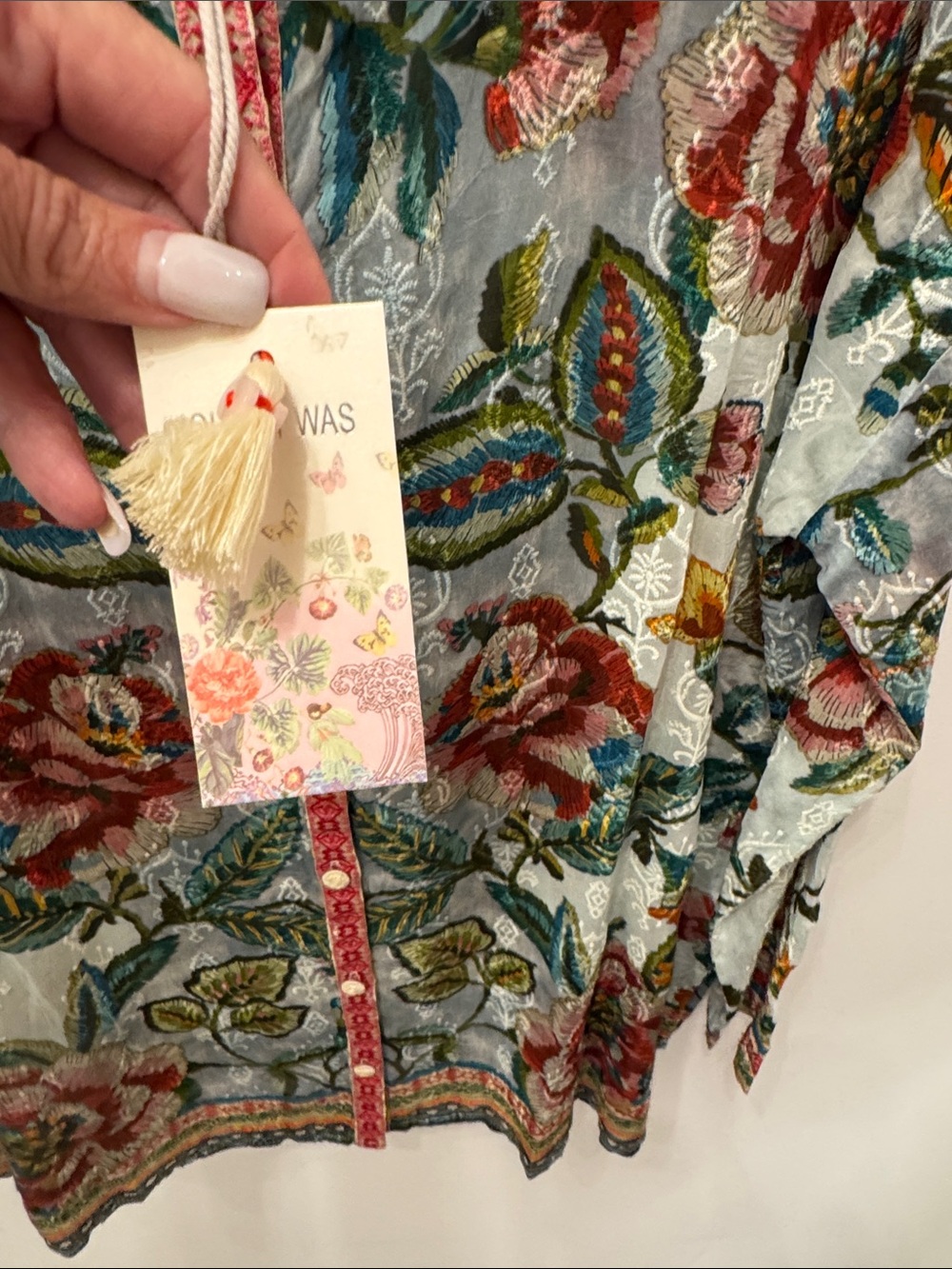 Johnny Was Sheer Floral Button-Down Blouse in Blue and Red - Picture 2 of 3